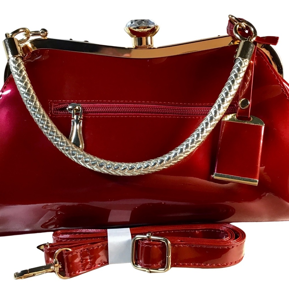 NEW Sophisticated Burgundy Patent Leather Rhinestone Bauble Accent Handbag